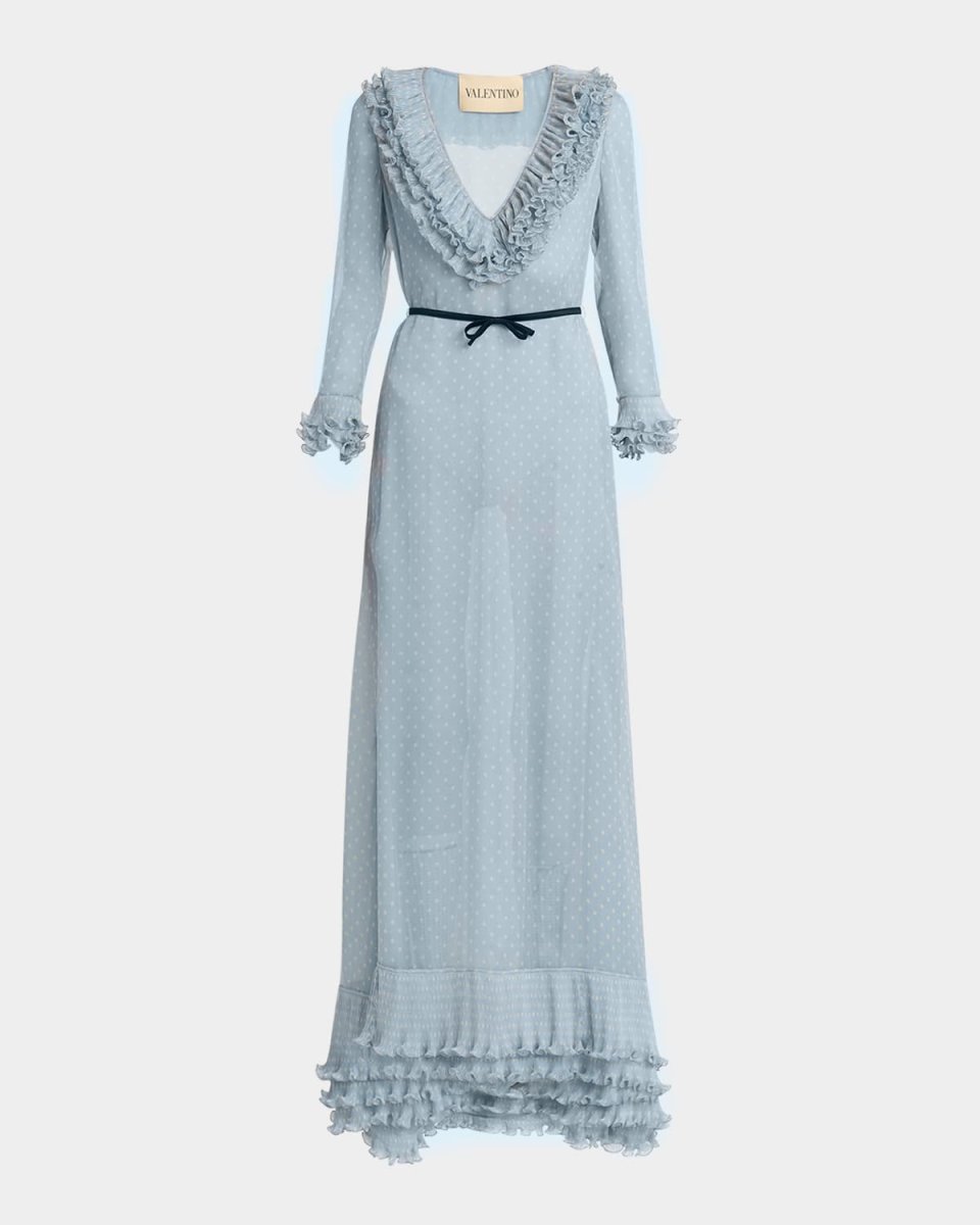 Polka Dot Layered Ruffle Sheer Gown with Ribbon